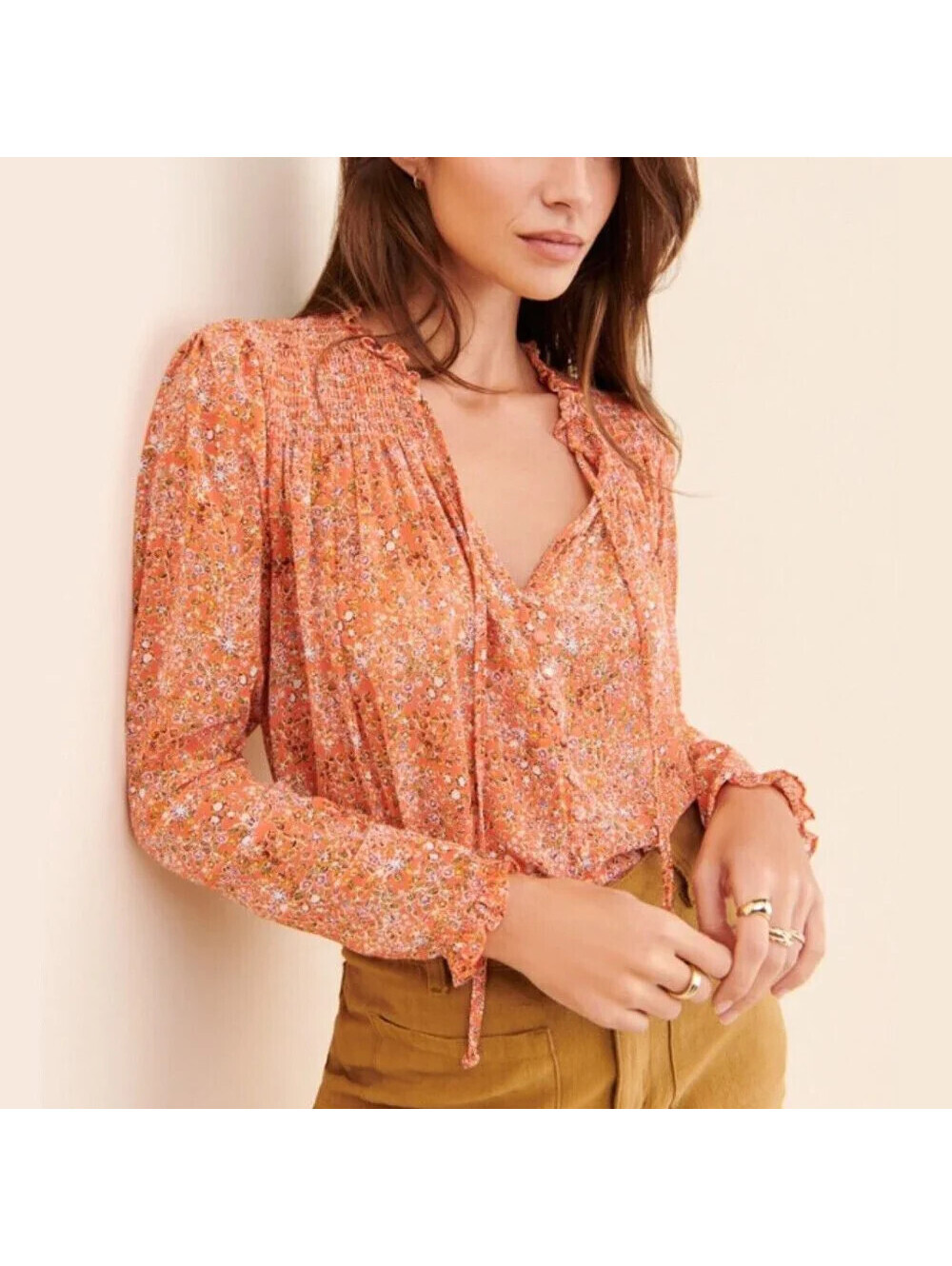 Free People Lela Size XS Coral Combo Floral Long Sleeve Top Peasant Boho